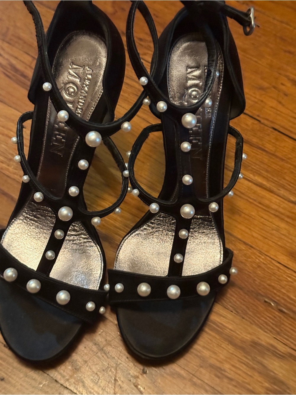 Alexander McQueen Black Pearl-Accent T-Strap Heels